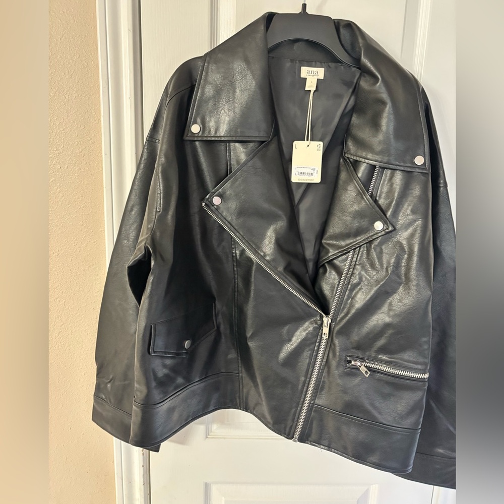 NWT a.n.a Black Imitation Leather Biker Jacket 100% Rayon Bikercore Large